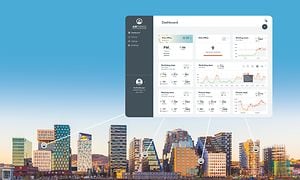 Airthings-app med dashboardbillede over et bylandskab i Oslo