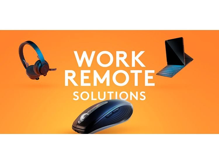 Høretelefoner, mus og tabletholder på orange baggrund med teksten "Work Remote solutions"