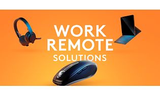 Høretelefoner, mus og tabletholder på orange baggrund med teksten "Work Remote solutions"