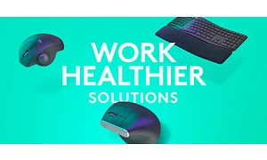 Tekst med Work Healthier Solutions med mus og tastatur fra Logitech