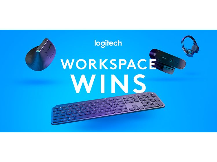 Teksten “Workspace wins” med mus, headset, webkamera og tastatur fra Logitech