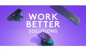 Tekst med Work Better Solutions med mus, tastatur og webcam fra Logitech