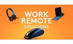 Tekst med Work Remote Solutions med mus, headset og tabletholder fra Logitech