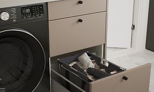 EPOQ - L6 - Laundry Room - Trend Sand - Utility Room - Dark Beige - Washing Machine - Fixed Length Worktop - Open Drawer
