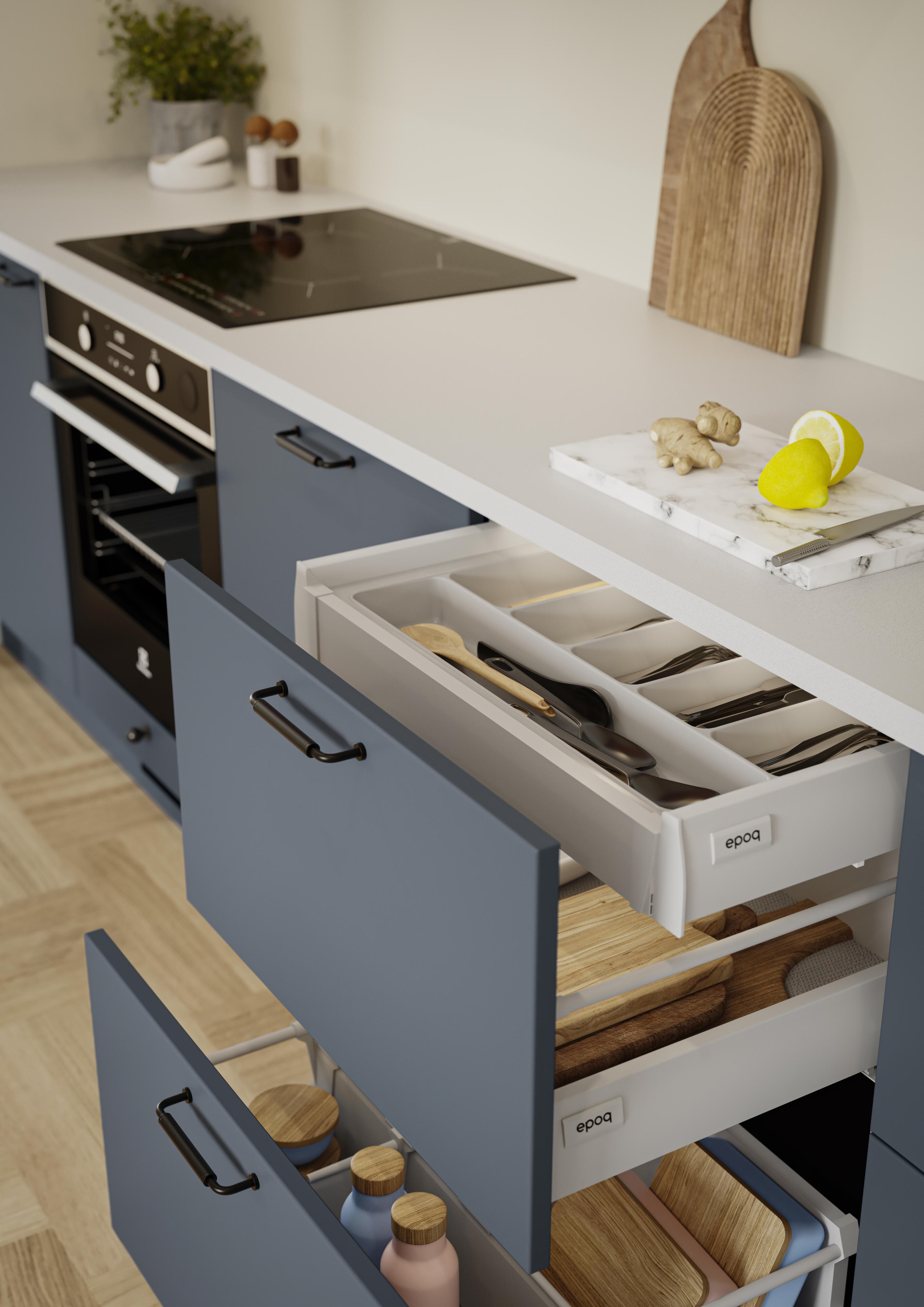 EPOQ - K29 - Kitchen - Trend BlueGrey - Blue - Black Handles - White Laminate Worktop - Hob - Integrated Oven - Open Drawers