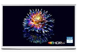 Samsung TV'et Serif-produktbillede med en farverig blomst på skærmen