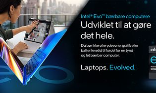 Intel Evo banner med dansk tekst, og en mand som kigger på computer
