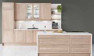 Beige wooden EPOQ Fasett kitchen with cabinet with glass doors and white countertop