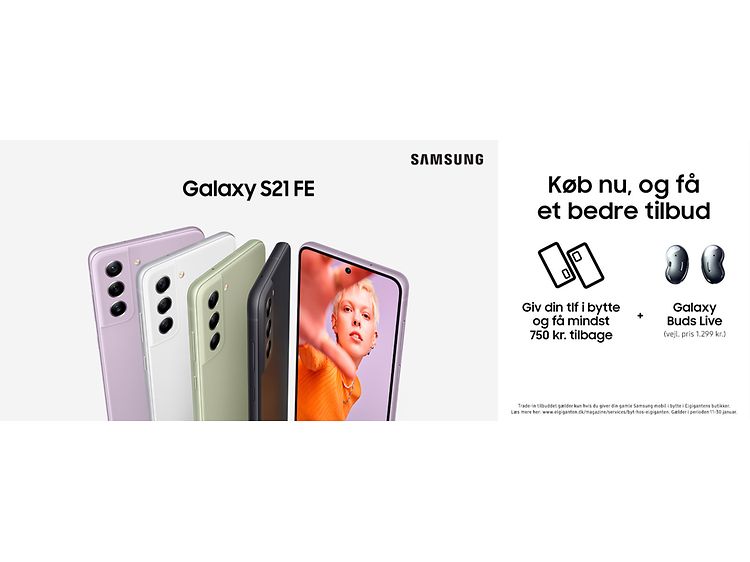 Samsung Galaxy S21 FE ved siden af kampagnetilbud