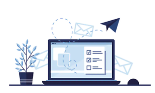Illustration af en bærbar på et skrivebord med et symbol af en e-mail, der sendes