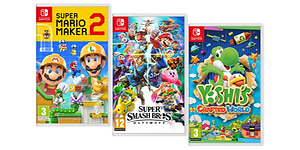 3 stk. Nintendo Switch spil: Super Mario Maker 2, Super Smash Bros Ultimate og Yoshi's Crafted World