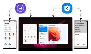 En Galaxy Book2 mellem to Galaxy S22 Ultra-telefoner