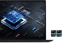 En Galaxy Book2 Pro med to certificeringslogoer til Intel Evo