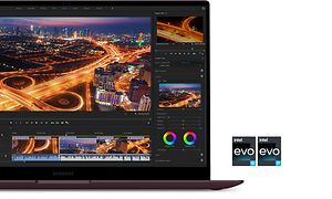 En Galaxy Book2 Pro 360 med to certificeringslogoer til Intel Evo
