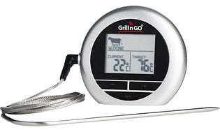 A grill thermometer in silver