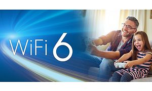Teksten WiFi 6 samt mand og pige, der spiller et videospil