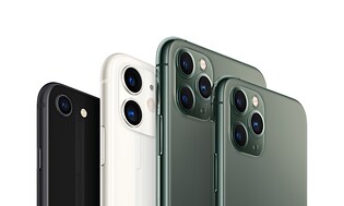 Fire forskellige iPhones 11-typer - forskellige størrelser og farver på rad og række