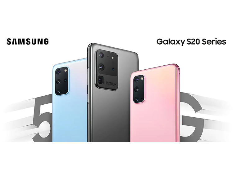 3x Samsung S20 telefoner i blå, grå og lyserød