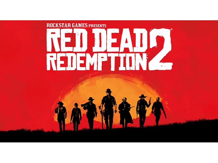Red Dead Redemption banner med logo og mænd i horisonten