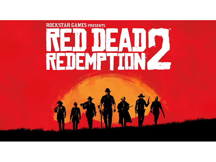 Red Dead Redemption banner med logo og mænd i horisonten