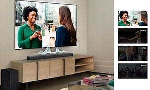 Samsung TV og soundbar med illustration af forskellige indstillinger