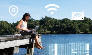 Netværk  Kvinde sidder udenfor ved en sø og arbejder med sin laptop på skødet