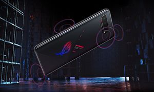 Asus ROG Phone 5 med lydbølger og set bagfra i virtuelt spilunivers
