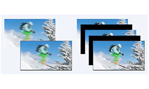 Sony-TV-Skærm viser en uskarp skiløber og en skarp skiløber