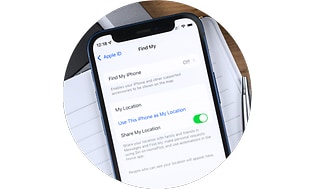 Mobilforsikring: Telefon med Find min iPhone-indstillinger på skærmen