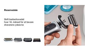 Reservedele til en Braun barbermaskine og en hånd der tager barberhovedet af