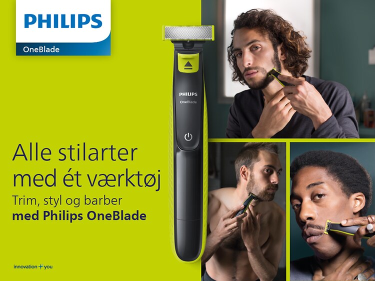 Forskellige billeder af mænd, der trimmer og barberer sig med Philips OneBlade