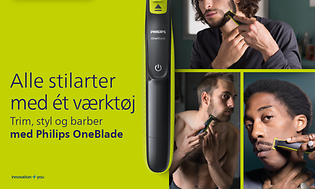 Forskellige billeder af mænd, der trimmer og barberer sig med Philips OneBlade