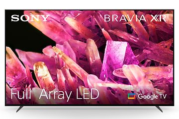 Produktbillede af et Sony Bravia X93K Full Array LED TV med lyserøde krystaller vist på skærmen