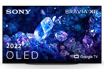 Produktbillede af et Sony Bravia A90K OLED TV, der viser blå skinnende krystaller på skærmen