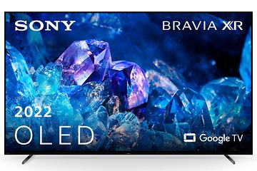 Produktbillede af et Sony Bravia XR A80K TV med et skarpt billede af blå krystaller på skærmen