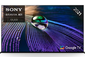 Produktbillede af et Sony Bravia A90J OLED TV, der viser et skarpt billede af en regndråbe på lilla fjer