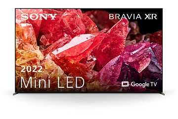 Produktbillede af et Sony Bravia X95K Mini LED TV med et skarpt billede af gule, røde og lilla krystaller på skærmen