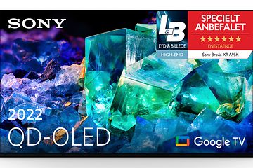 Produktbillede af et Sony Bravia A95K QD-OLED TV med L&B logo og anbefaling