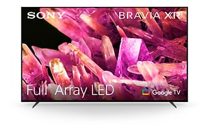 Produktbillede af et Sony Bravia X93K Full Array LED TV med skarpt billede af lyserøde krystaller, der vises på skærmen