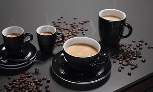 Miele - Kaffemaskiner - Fire kaffekopper på et bord med kaffebønner