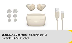 Jabra Elite 5 earbuds, trådløst opladningsetui, EarGels i tre størrelser og USB-C kabel