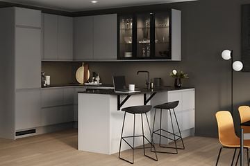 Epoq Integra Steel Grey køkkenkrog med laminatbordplade i sortbrun kompaktlaminat, glasskabe og barstole