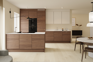 Epoq-køkken med minimalistisk udtryk og funktionel køkkenø: Edge Walnut og Trend Warm White