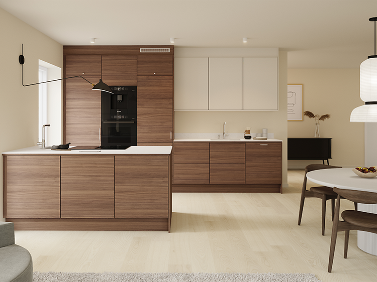 Komplet Epoq-køkken med minimalistisk udtryk og funktionel køkkenø: Edge Walnut og Trend Warm White