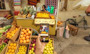 Hånd, der holder en Google Pixel 7 Pro ved hjælp af Live Translate til at oversætte et skilt til dansk på et frugtmarked