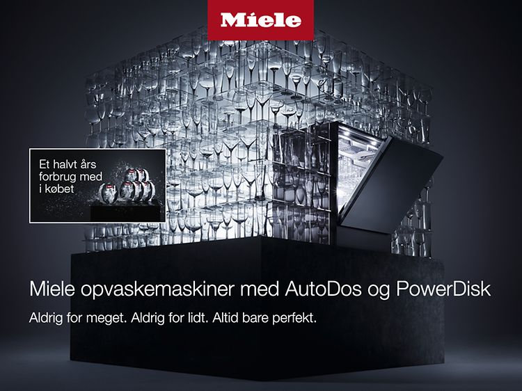 Et banner med kampagneinfo og en Miele-opvasker i en kasse bestående af forskellige glas