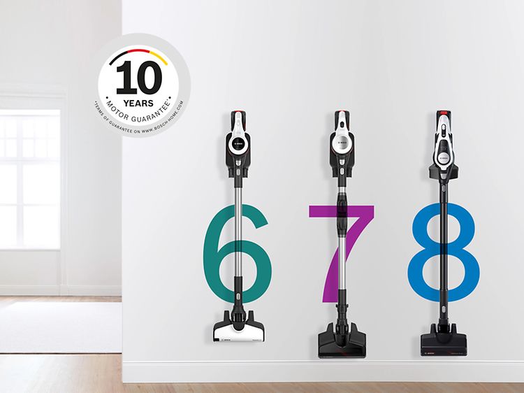 Bosch Unlimited støvsugere serie 6, 7 og 8 hængende på væggen og garantilogo
