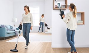 Kvinde gør huset rent tre forskellige steder med en Bosch Unlimited 6