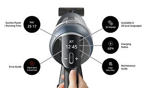Detaljeret billede af Samsung Jet-støvsugerens LCD-digitale display