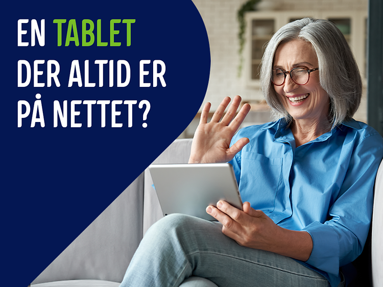 Banner med tekst og billede af ældre kvinde med tablet i hånden